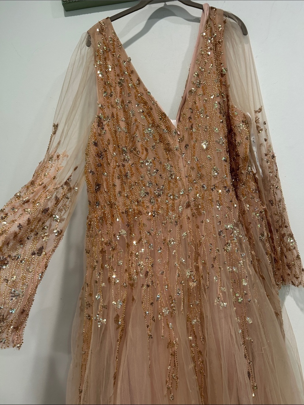 Mac Duggal Blush Champagne Embellished v neck Tulle Maxi Gown plus size 24 new - Picture 10 of 14